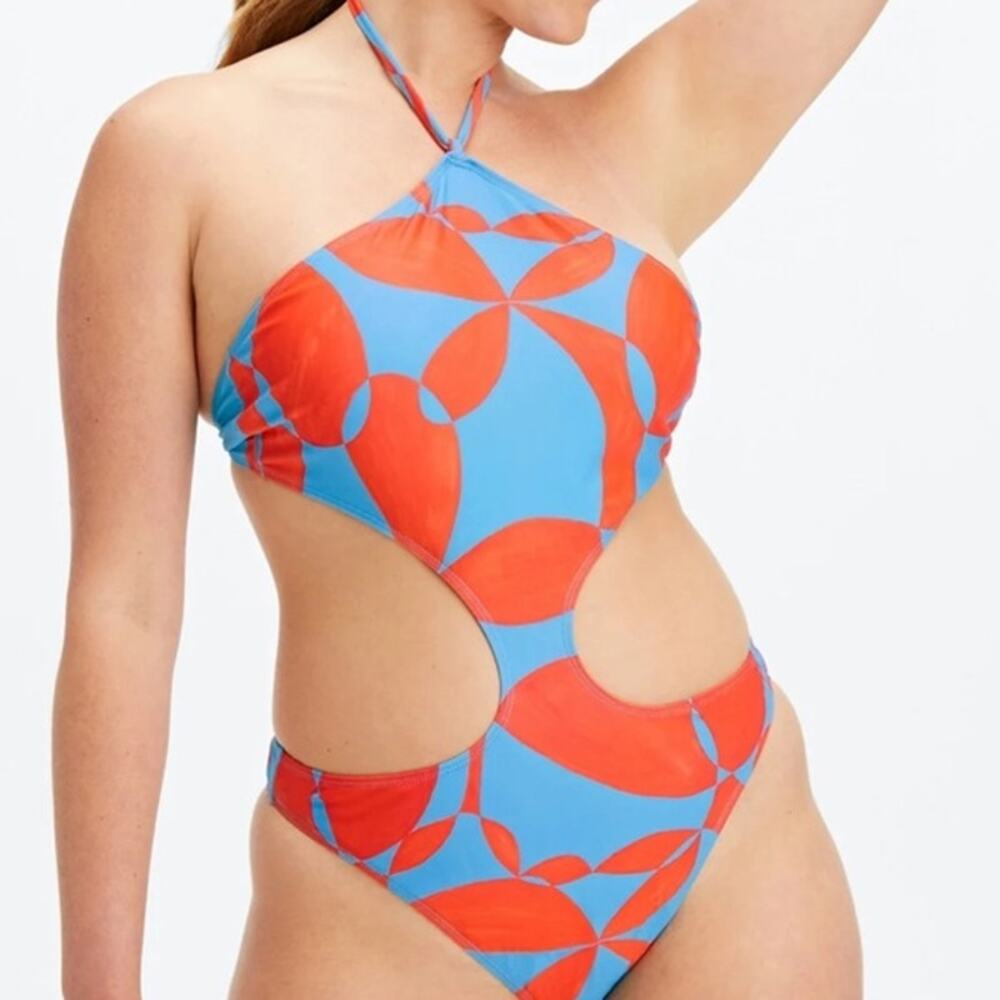 Fabletics Cutout One Piece Swimsuit Floral Geo Large NWT Blue Orange